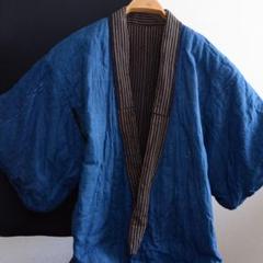 綿入れ着物 丹前 掻巻 古布 木綿 藍染 縞模様ジャパンヴィンテージリメイク素材のサムネイル