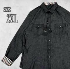 ダンガリーデニム風 ダークグレー 2XL(小さめ)チェック襟 長袖シャツ
