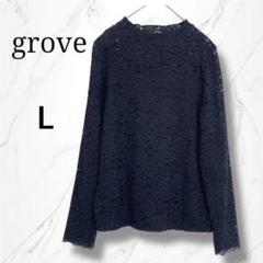 【grove】ハイネック総レース長袖トップス　透け感　黒L裏地あり　ストレッチ