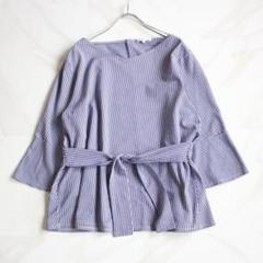 【極美品 大きいサイズ】23区 ベルト付きブラウス 5L ブルー ストライプ