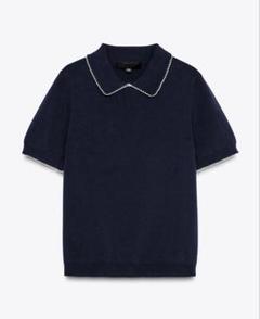 ZARA パイピングニットトップス　ネイビーブルー　Mのサムネイル