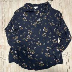 濃いめネイビー 花柄 長袖シャツ スキッパー美品