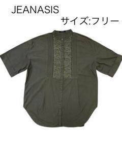 完売 JEANASIS オリーブ色 刺繍入り五分袖シャツ コットン100%