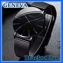 GENEVA 腕時計 ブラック×ブルー ステンレス ベルト　メンズ