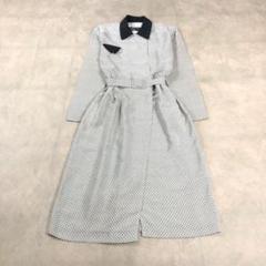 昭和レトロ幾何学模様長袖ロングワンピースベルト付70sモノトーンカナダ製白黒古着