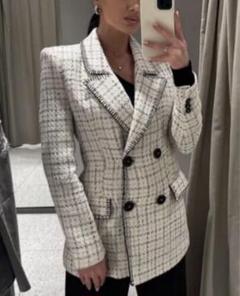 ZARA ザラ　テクスチャード　ホワイトツイード　チェックジャケット　ブレザー ZARA - ZARA ザラ テクスチャード ホワイトツイード チェック