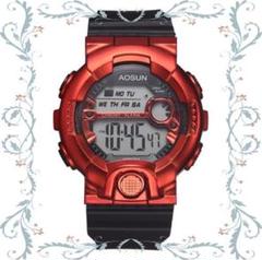 新品*AOSUN*腕時計*デジタル 多機能 LED*ブラック×メタルレッド