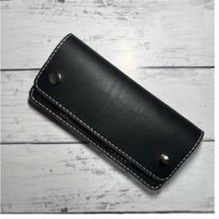 ロングトラッカーウォレット/姫路レザー茶芯/黒色/ステッチ白色/フルハンドメイド
