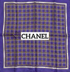 ☆CHANEL☆ ミニスカーフ チェック チェーン ロゴ シルク パープル ☆CHANEL☆ ミニスカーフ チェック チェーン ロゴ シルク