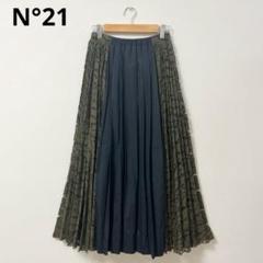 N°21　ロングスカート　レディース　36　レース　プリーツ　切替　カーキ　黒