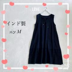《インド製》ひざ丈ノースリーブワンピース(M)ネイビー 刺繍 プルオーバー