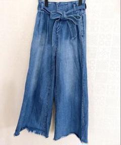 INGNIワイドデニム パンツ リボンベルト付 ブルー フリンジ裾