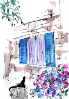 原画#3513　黒猫　フランス　窓　花　水彩画　ドローイング　アート　インテリア Amazon｜水彩スカル 黒猫 花 ネコ柄 猫柄 アートパネル アート