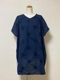 ネイビー 刺繍 半袖 ワンピース チュニック 異素材 ゆったり ロング丈tシャツ