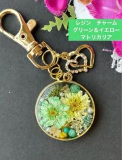 レジン　チャーム　ドライフラワー　キーホルダー　グリーン系マトリカリア　⑥