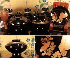 時代輪島塗　目出た図金蒔絵　吸物椀　五客　木製　霊芝　草花 BJ047 時代輪島塗 目出た図金蒔絵 吸物椀 五客 木製 霊芝 草花 BJ047