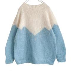 海外古着 刺繍 ラメ糸 配色 毛足長 長袖 ニット セーター 白 水色
