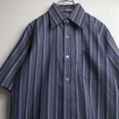 古着 レトロ シャツ 総柄はストライプ デザインシャツ 柄シャツ ネイビー 半袖