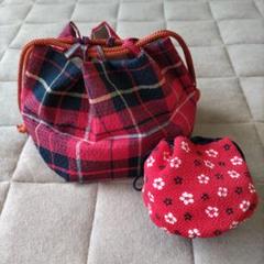 浴衣に似合う　チェック柄と花柄の巾着袋セット