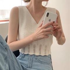 ビスチェ ベスト レディース Vネック　ホワイト かぎ編み M　韓国