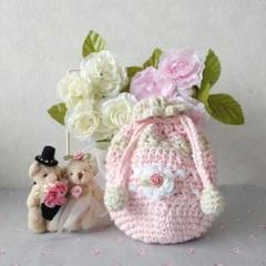 ♪手編み巾着 小物入れ ピンク バラ レース☆ハンドメイド