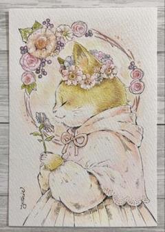 お花と猫さん 色鉛筆画 原画 【Ｎｏ．48】