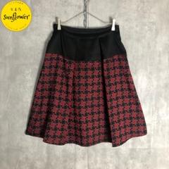 【スカート】ひざ丈　パターン柄　バイカラー　韓国系　昭和レトロ　赤　黒　古着