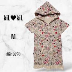 【KiLkiL】半袖カットソーチュニック フード 総柄 個性的(M)綿100