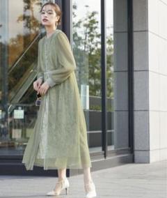 Callarus グリーン 七分袖 ロングワンピース 094029r01.jpg