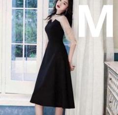 ワンピース ブラック ドレス 黒 チュール 結婚式 ビスチェ風 韓国 M