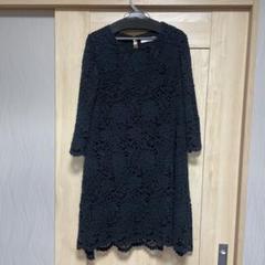 【アドーア】ワンピース ひざ丈 レース 花柄 刺繍 キーネック 36 紺 アドーア】ワンピース ひざ丈 レース 花柄 刺繍 キーネック 36