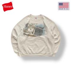 90s【USA】Hanes アニマルスウェット オオカミ 裏起毛 XL ホワイト