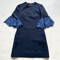 VALENTINO 2020 袖フレアレース ウールシルク ワンピース ネイビー
