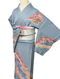 未使用品 訪問着 付け下げ 総絞り ブルー系 刺繍 枝花 身丈169.0cm正絹 付下げ 身丈150.5cm 裄丈63cm S 袷 花車 芝 刺繍 ぼかし 薄紫