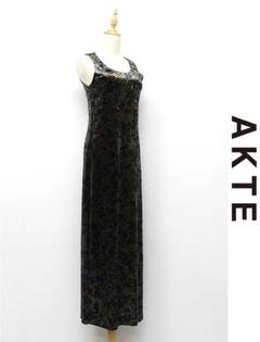 F457/AKTE ロングワンピース ノースリーブ ベロア 花柄 ストレッチ 緑