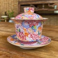 中国茶器 景徳鎮 琺瑯彩万花馬蹄三才蓋碗 茶杯 煎茶器 新品未