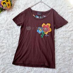 【シニカル】コットン100　花柄刺繍　半袖Tシャツ　カットソー　ブラウン　S相当