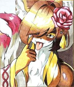 【手描きイラスト】色紙　オリジナルケモノ(九尾) 色鉛筆使用