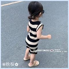 子供服　おしゃれキッズコーデ　ノースリーブニットワンピース　ボーダー