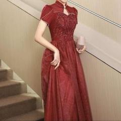 小花柄にパールが可愛い 半袖 イブニングドレス♩.•