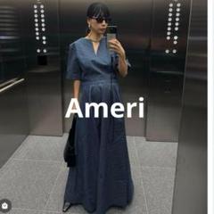 [美品] AMERI デニムワンピース M 丸首 ノーカラー 半袖 ストライプ 美品] AMERI デニムワンピース M 丸首 ノーカラー 半袖 ストライプ