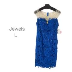 Jewels ビジュー付きドレス　キャバドレス　パーティ　レース　タイト青　L