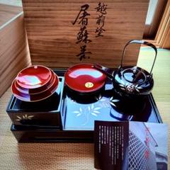 未使用 越前塗 漆器 屠蘇器 正月 天然木製 共箱 黒 銀南天