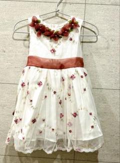 【良品】ベビードレス90cm花柄刺繍ホワイトドレス 赤リボン付き 発表会 結婚式
