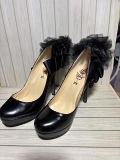 【美品】ジュリエットエジュスティーヌ　黒 ハイヒールパンプス 厚底 レースリボン 美品】ジュリエットエジュスティーヌ 黒 ハイヒールパンプス