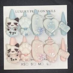 ☆現品☆ 量産型 平成女児 ピンク×青 ねこ ロングネイルチップ