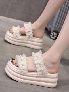 春夏お出かけにピッタリ❤️チュール&パールデザイン サンダル 厚底7.5cm
