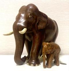 木製　親子の象の彫刻 高さ約21cm/8cm