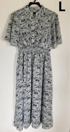 【美品】ラジエム 花柄 フレンチスリーブ 膝下丈 ワンピース L ブルーグレー