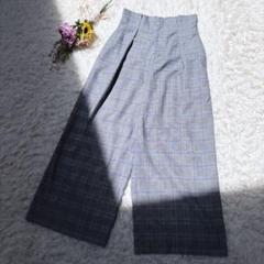 【ビス】ワイドレッグ　ガウチョパンツ　ウエストゴム　チェック柄　グレー系　Ｍ